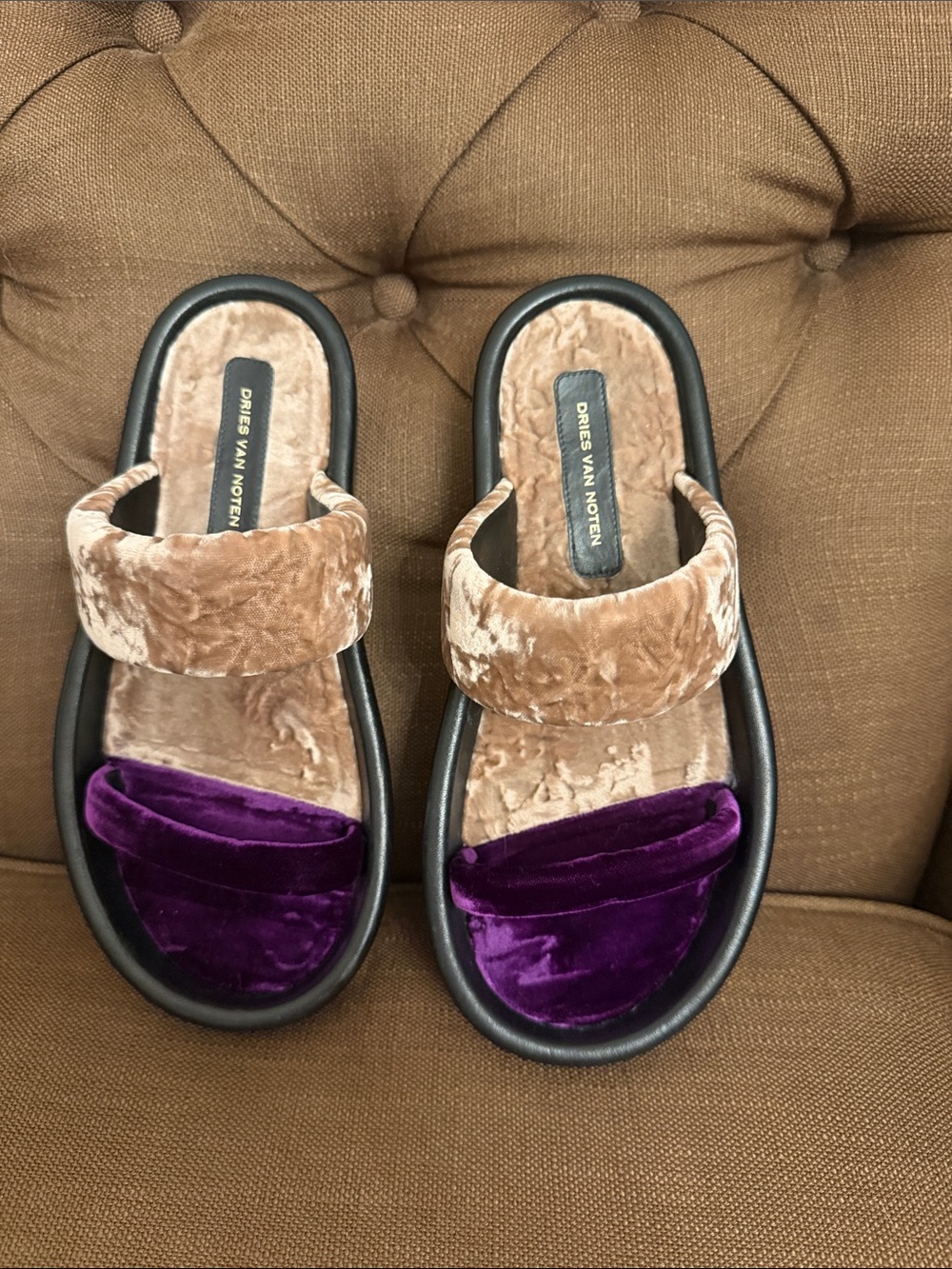Dries Van Noten Velvet Slide Sandals in Beige and Purple